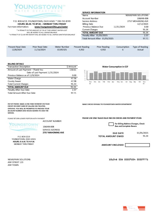 USA Youngstown Water Department business utility bill template in Word and PDF formats